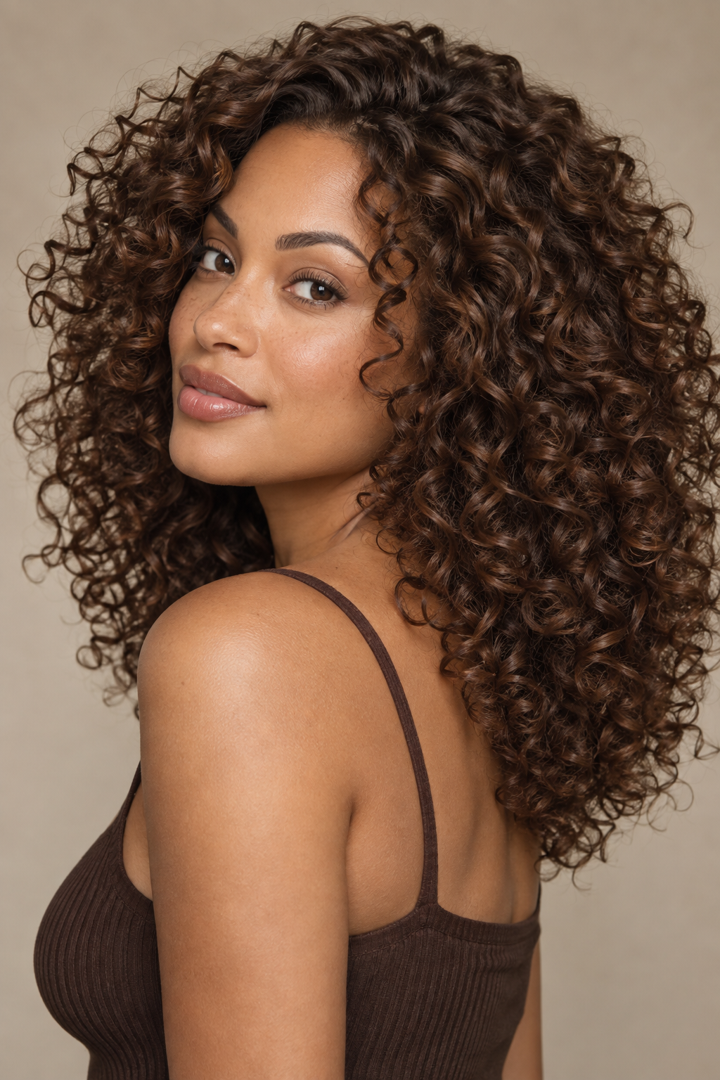 Chocolate brown hair color idea 13 - chocolate brown on defined curly hair.