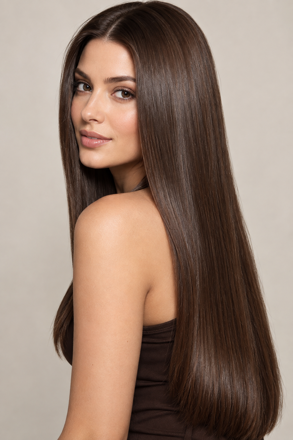 Chocolate brown hair color idea 15 - sleek chocolate brown on long, straight hair.
