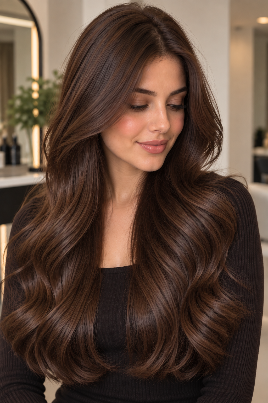 Chocolate brown hair color idea 2 - rich chocolate brunette on long, voluminous hair.