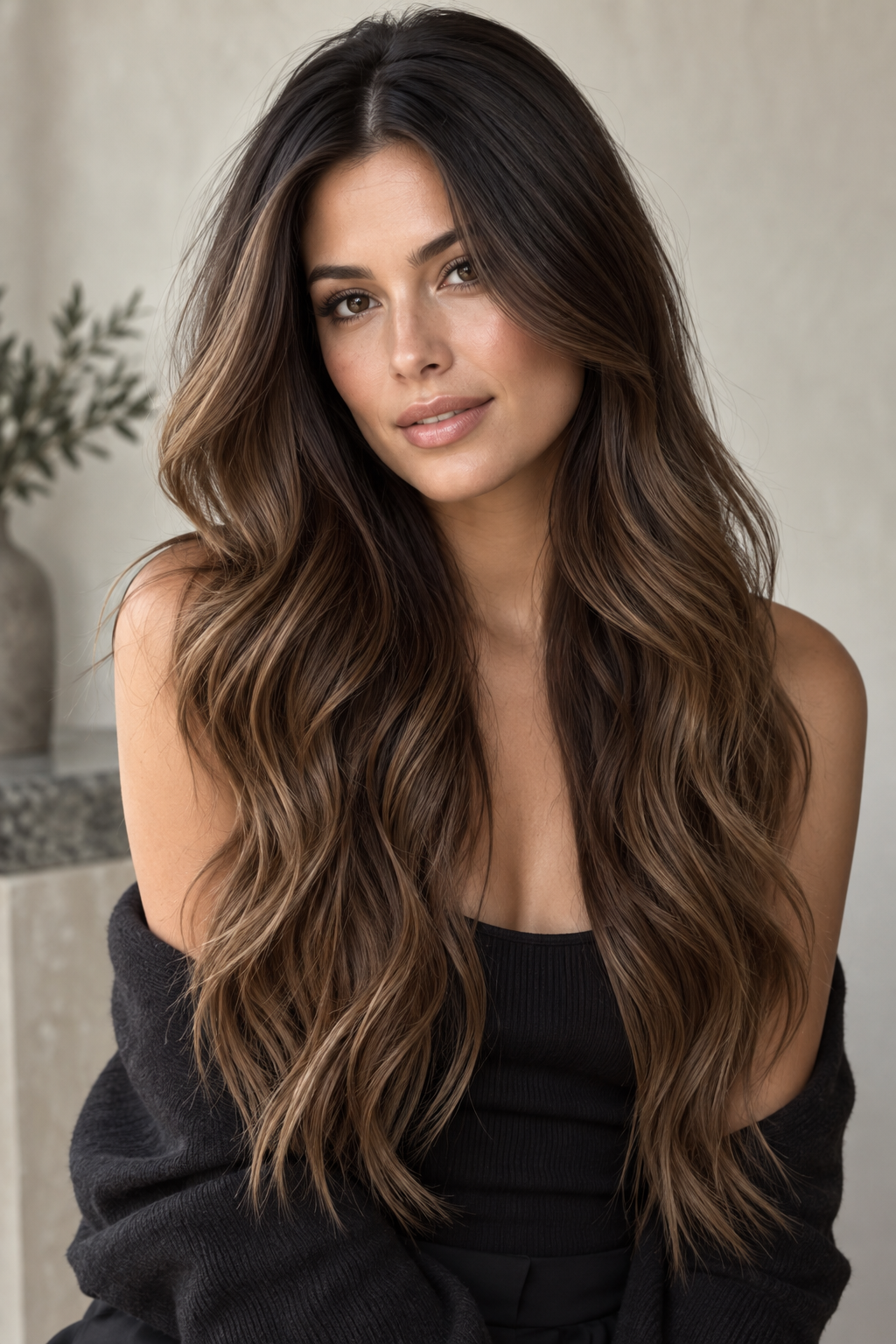 Chocolate brown hair color idea 20 - dark-rooted chocolate brunette with lighter mid-lengths and ends.