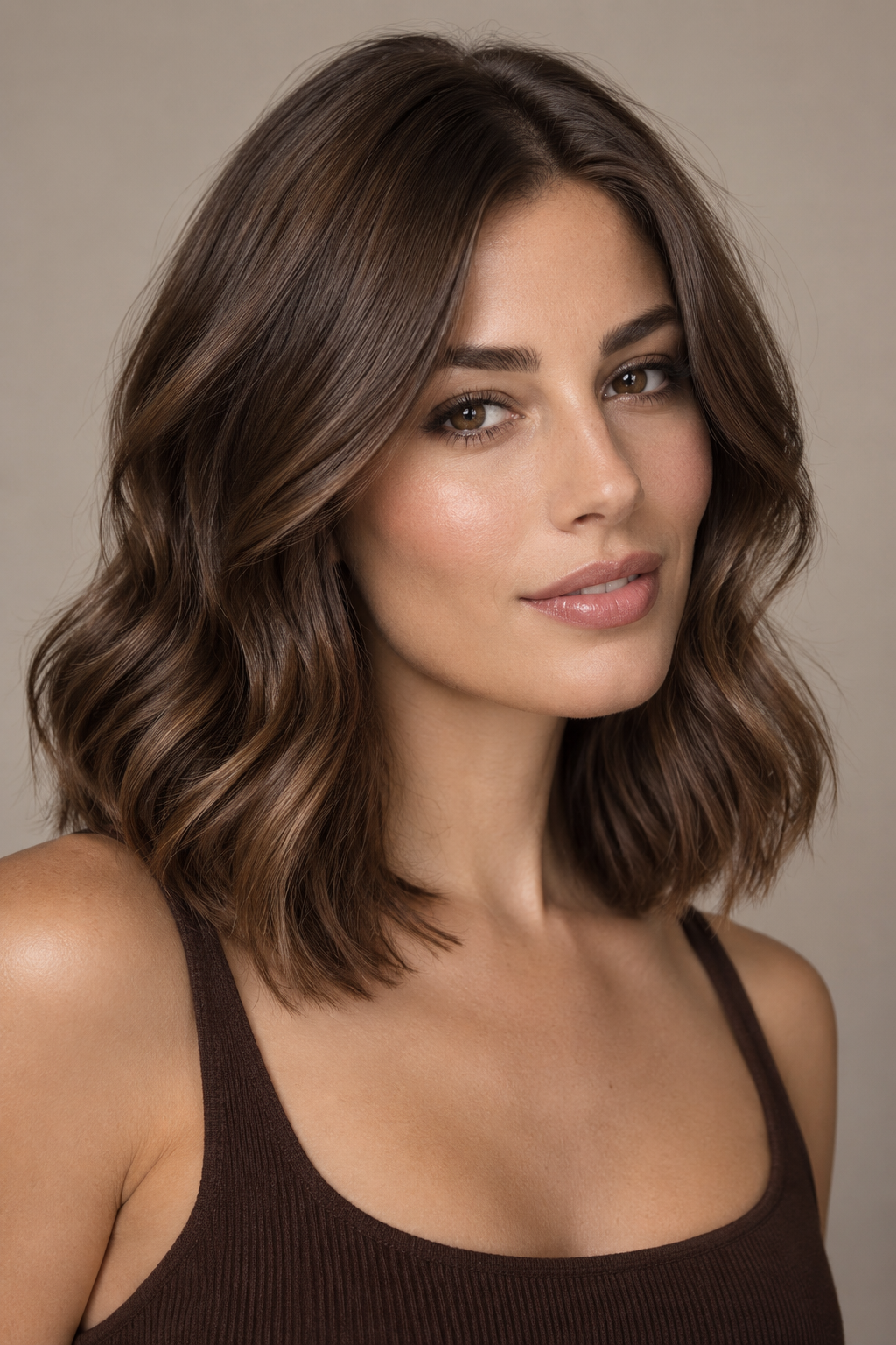 Chocolate brown hair color idea 21 - collarbone-length chocolate brown lob.