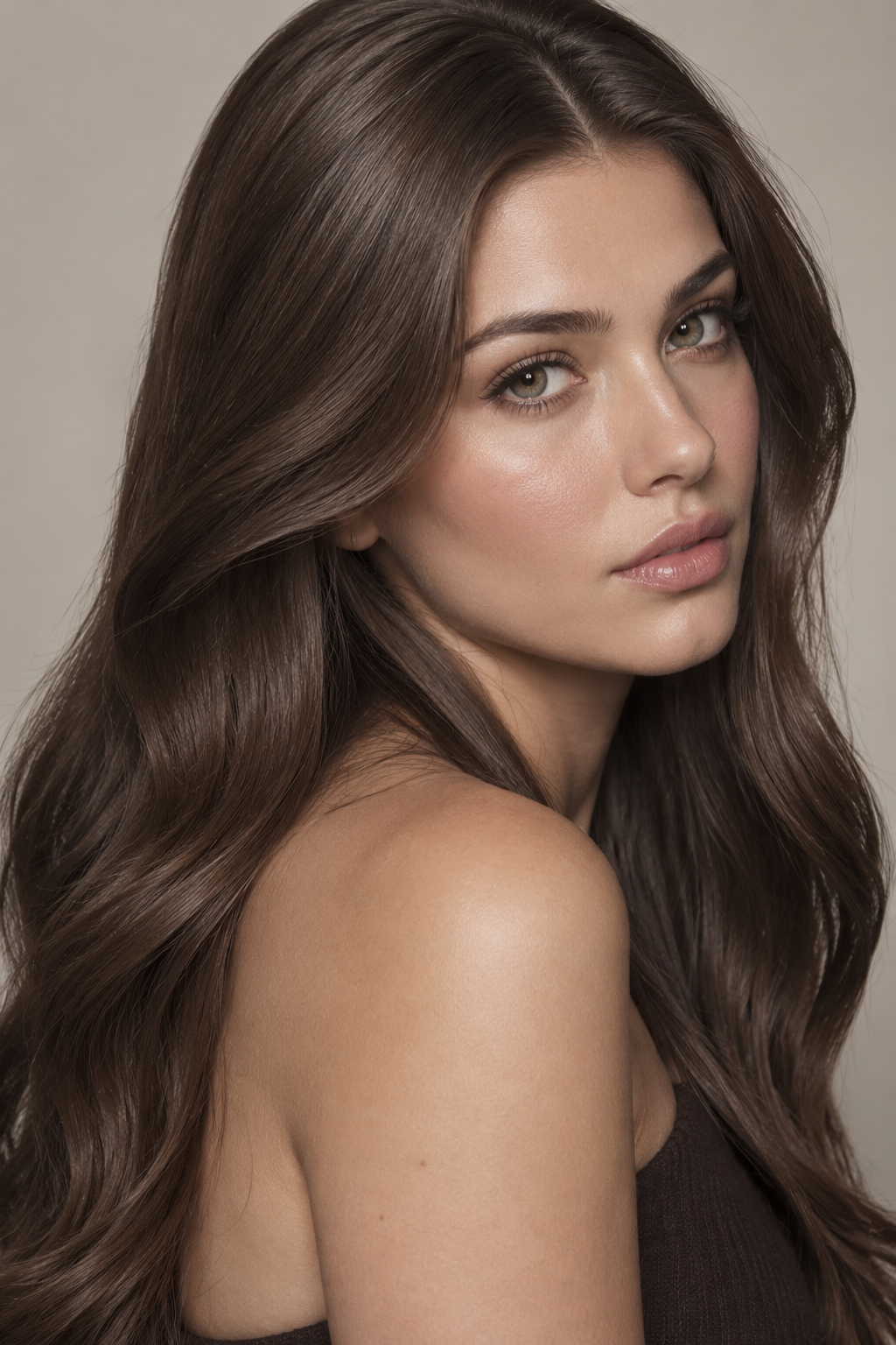 Chocolate brown hair color idea 23 - cool-toned chocolate brown on long, smooth waves.