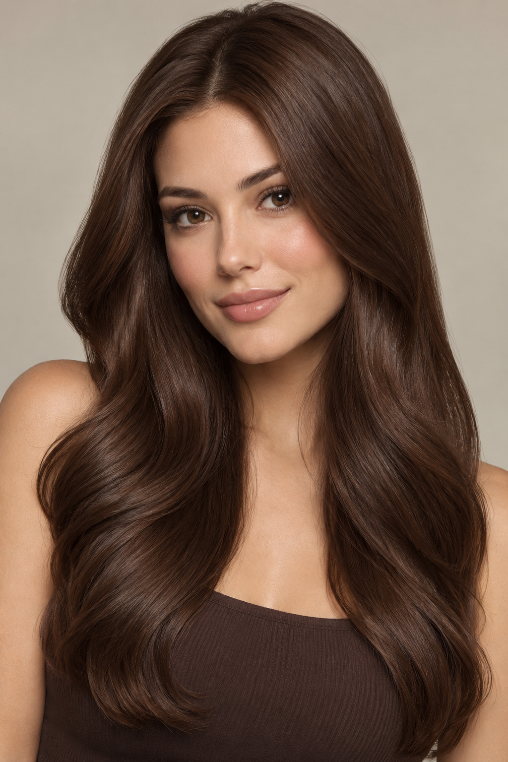 Chocolate brown hair color idea 25 - all-over solid chocolate brown on long, polished hair.