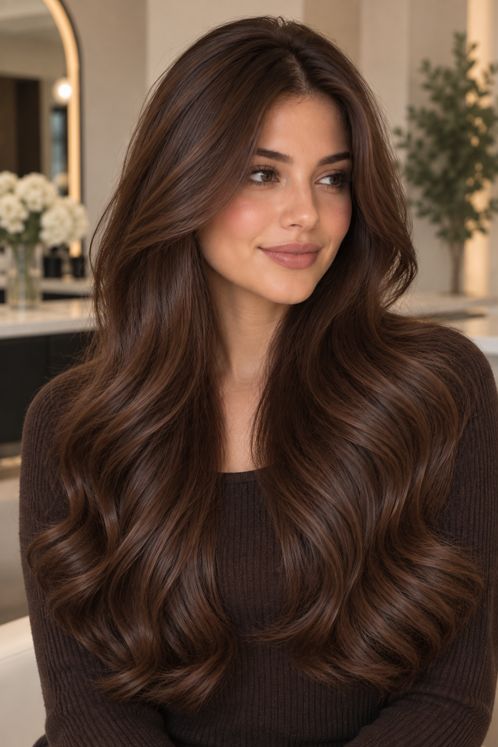 Chocolate brown hair color idea 3 - warm chocolate brown on long, softly waved hair.