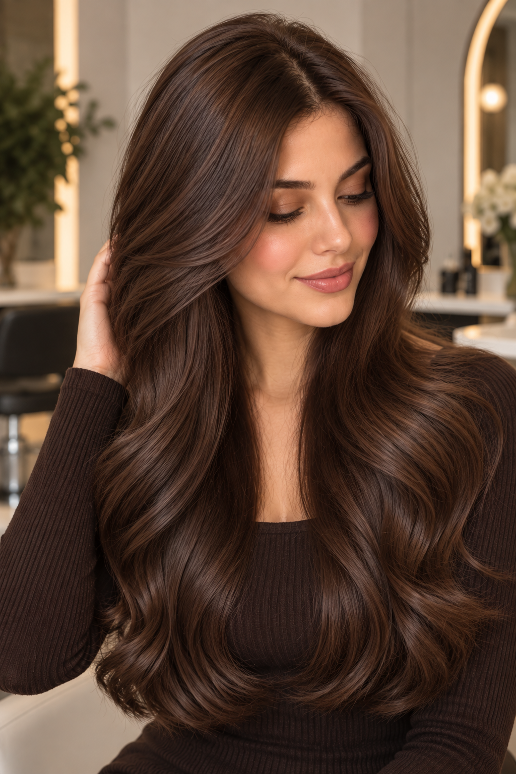 Chocolate brown hair color idea 4 - neutral chocolate brown on long, polished waves.