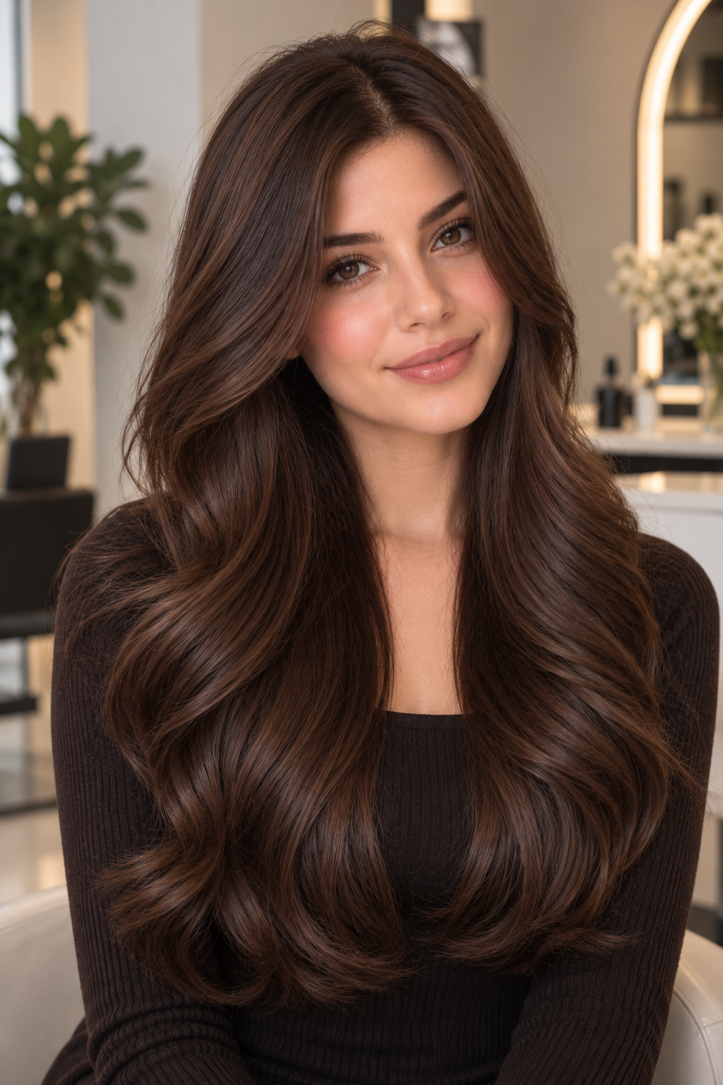 Chocolate brown hair color idea 7 - glossy chocolate brunette on long, shiny waves.