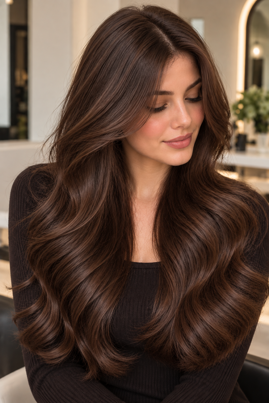 Chocolate brown hair color idea 8 - dimensional chocolate brown on long, layered hair.
