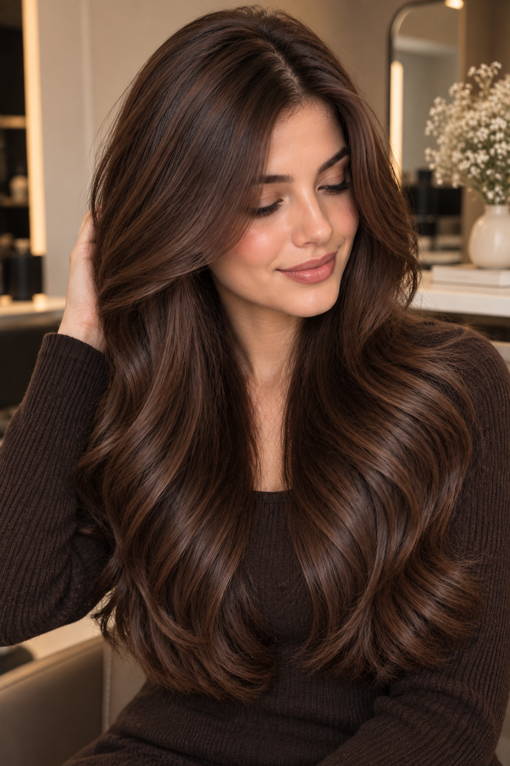 Chocolate brown hair color idea 9 - chocolate brown balayage with softly lightened mid-lengths and ends.