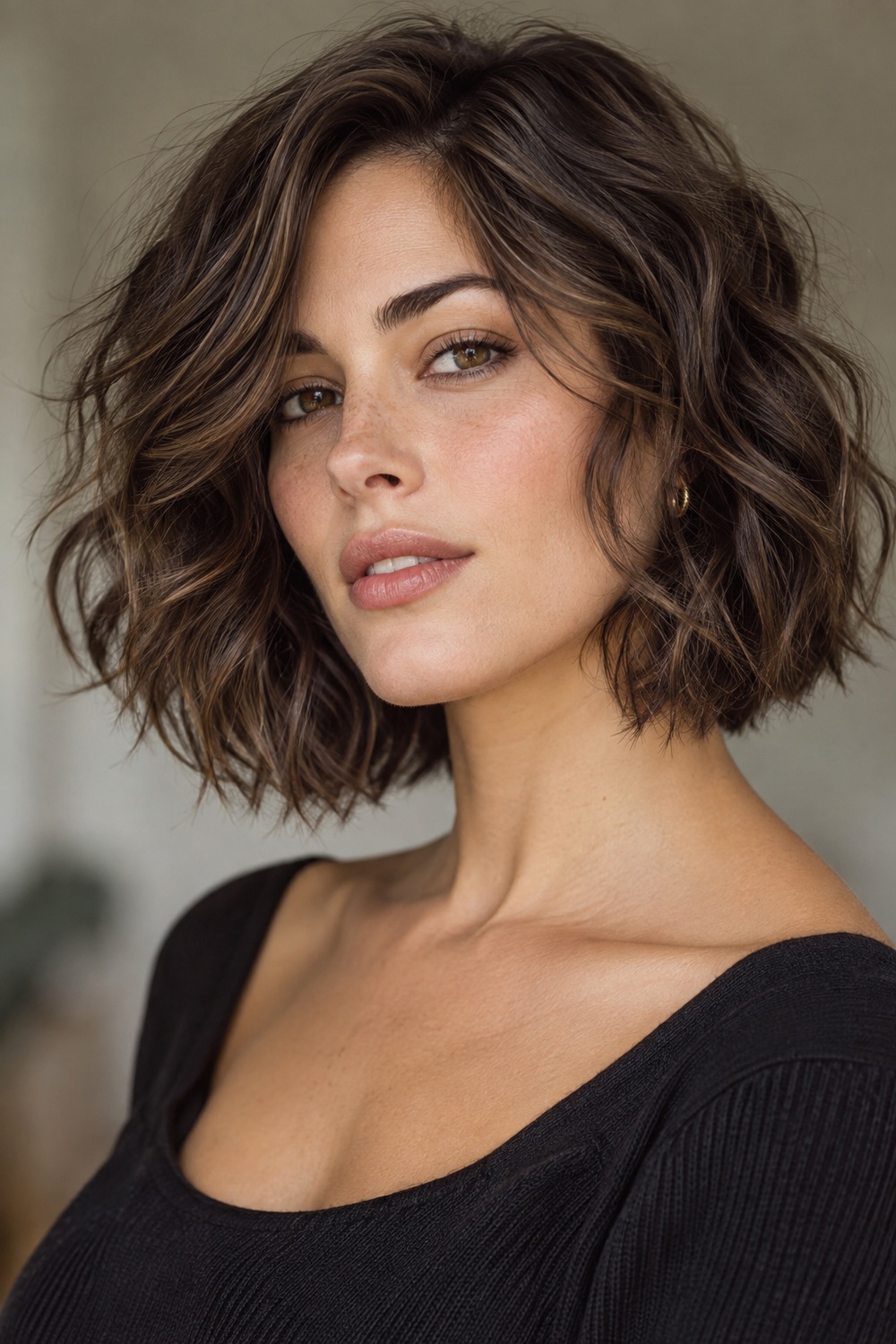Chocolate Brown Wavy Bob With Caramel Ribbons: AI-generated portrait showing the hairstyle described in this section.
