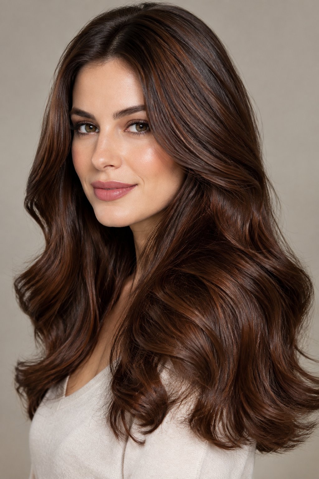 Chocolate chestnut brown long glossy hair with rich red-brown undertones.
