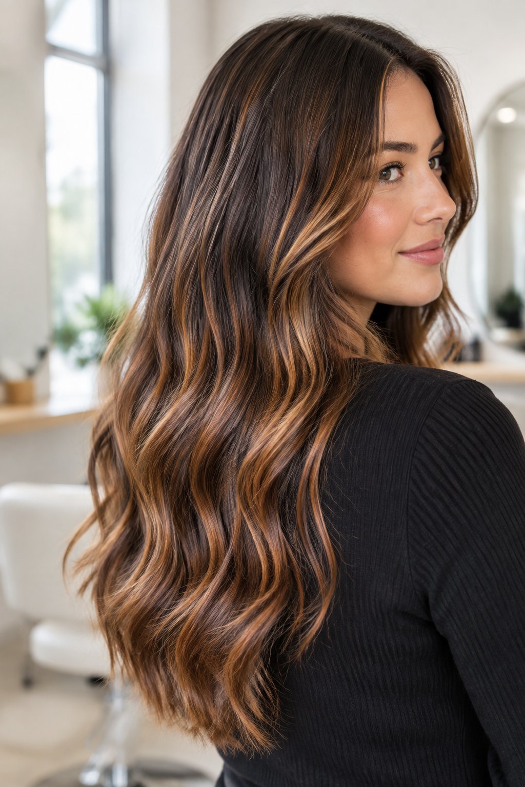 Cinnamon brown balayage on long wavy brunette hair with warm copper-gold ribbons.