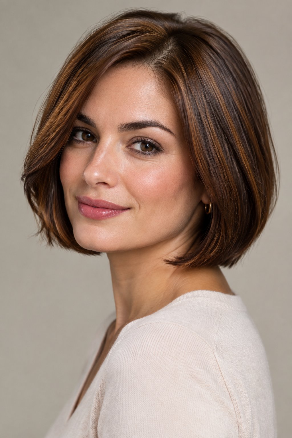 Cinnamon brown bob haircut with glossy warm brunette tones.
