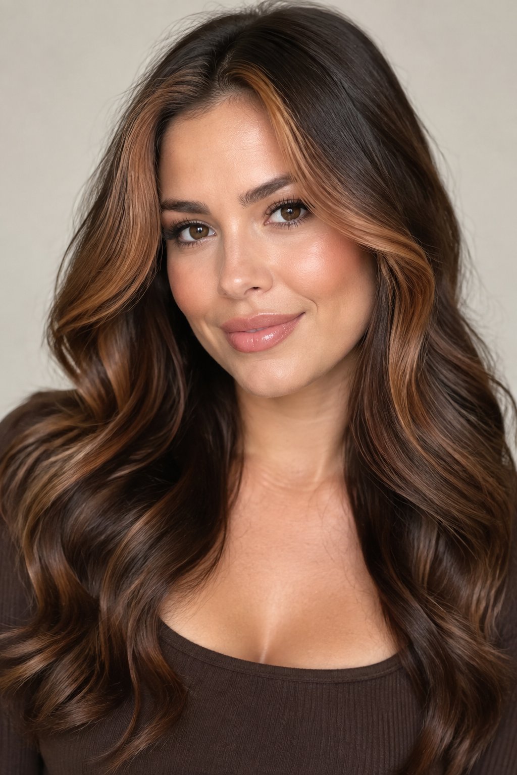 Cinnamon brown hair with bright cinnamon-copper money pieces framing the face.