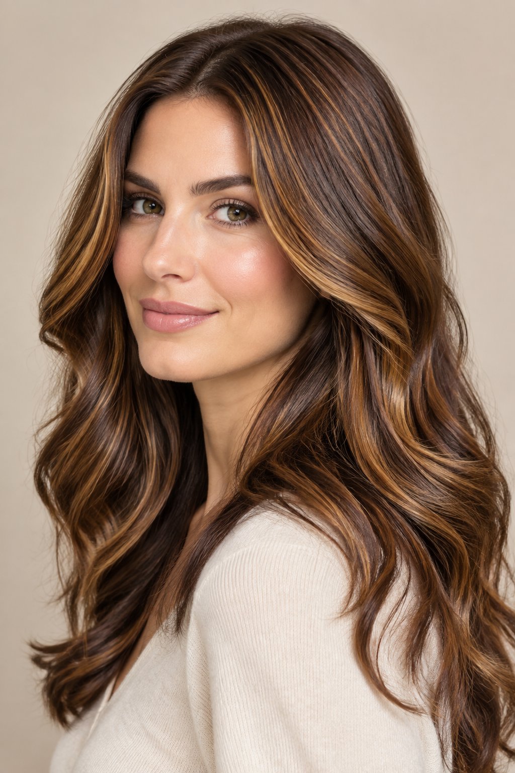 Cinnamon brown hair with caramel highlights on long layered waves.