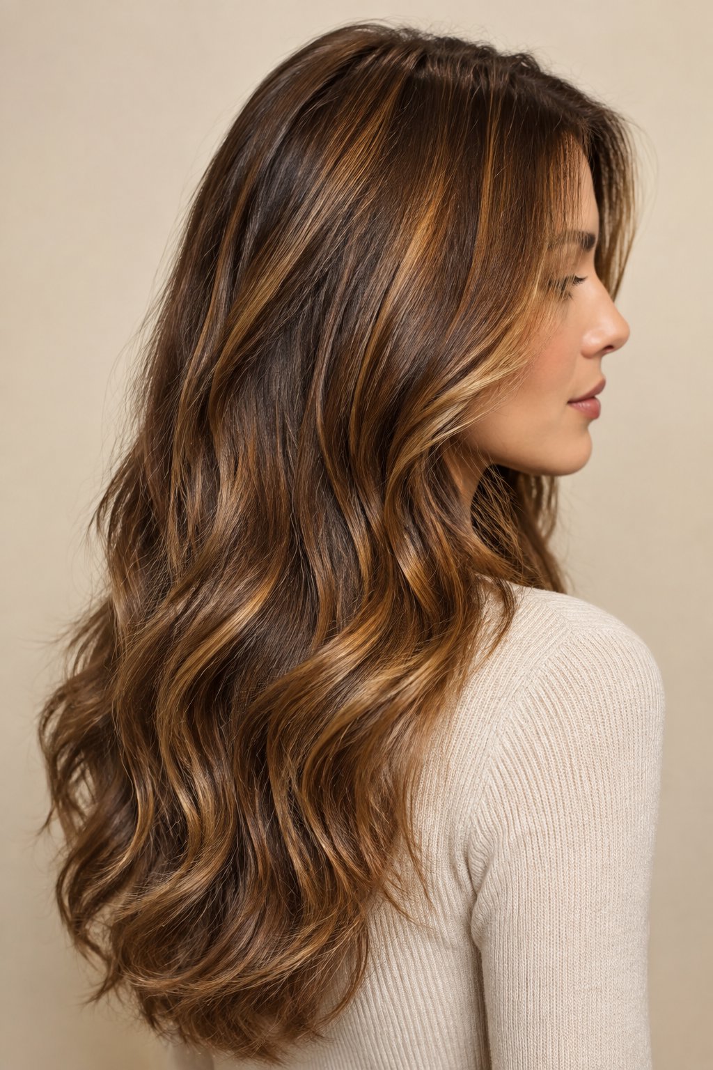 Cinnamon brown hair with fine golden ribbons through long waves.