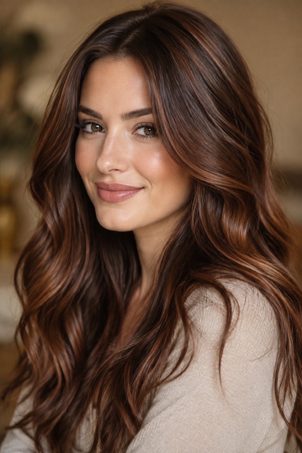 Cinnamon brown hair with rich auburn undertones on long waves.