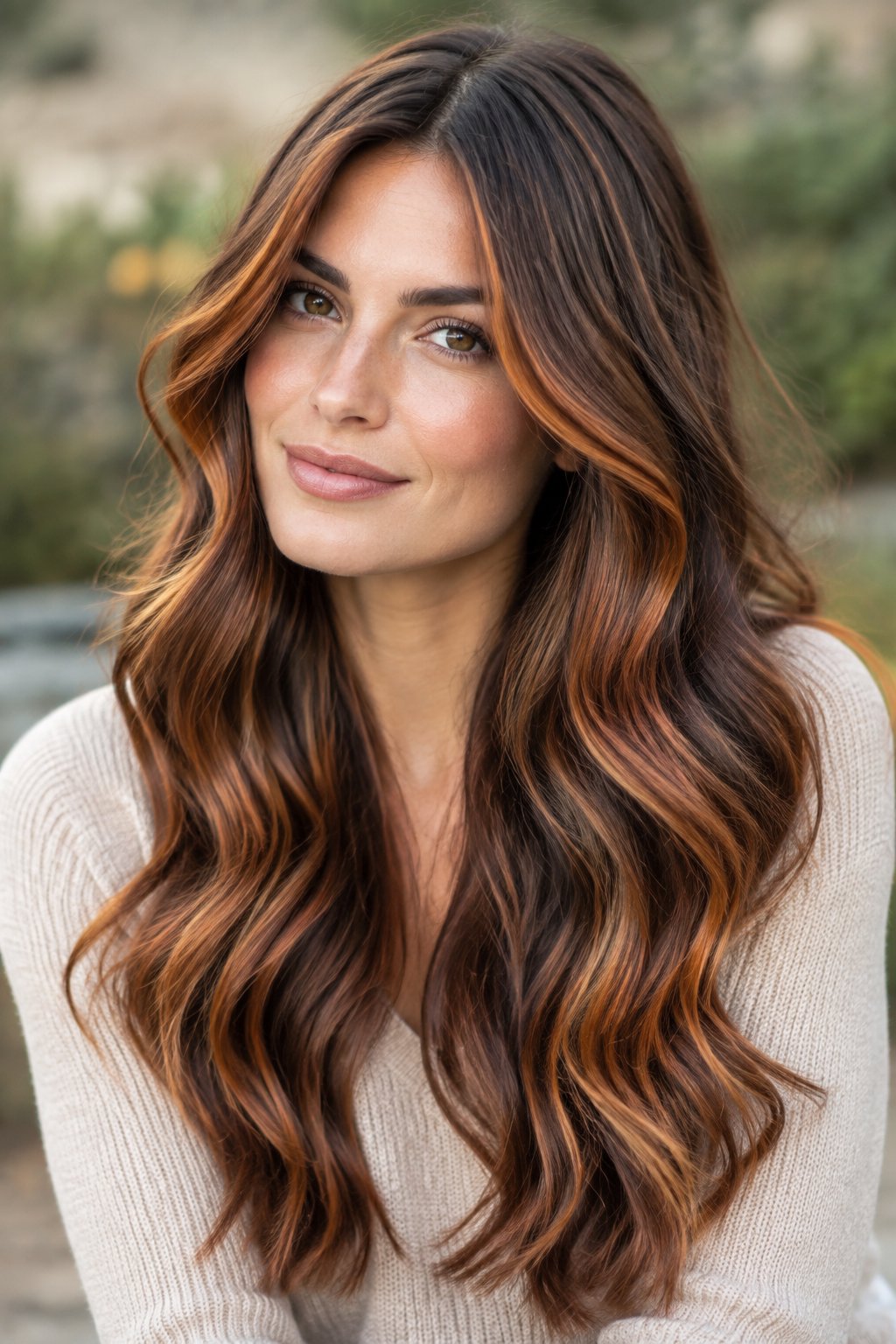 Cinnamon brown hair with vibrant copper highlights through long waves.