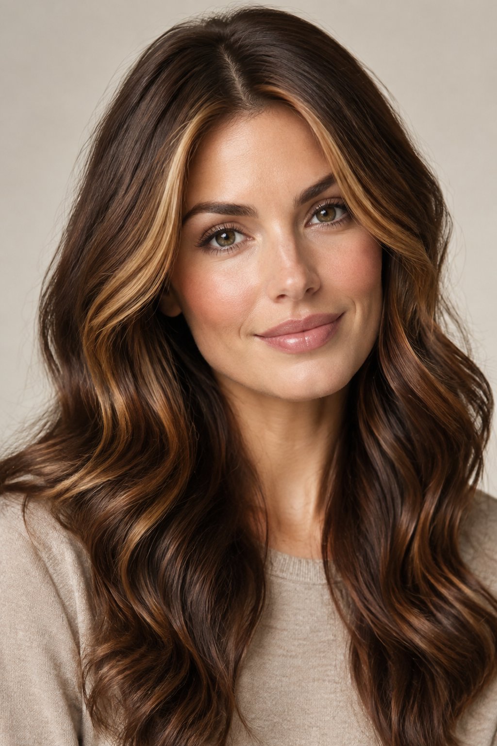 Cinnamon brown hair with warm face-framing highlights around the front.