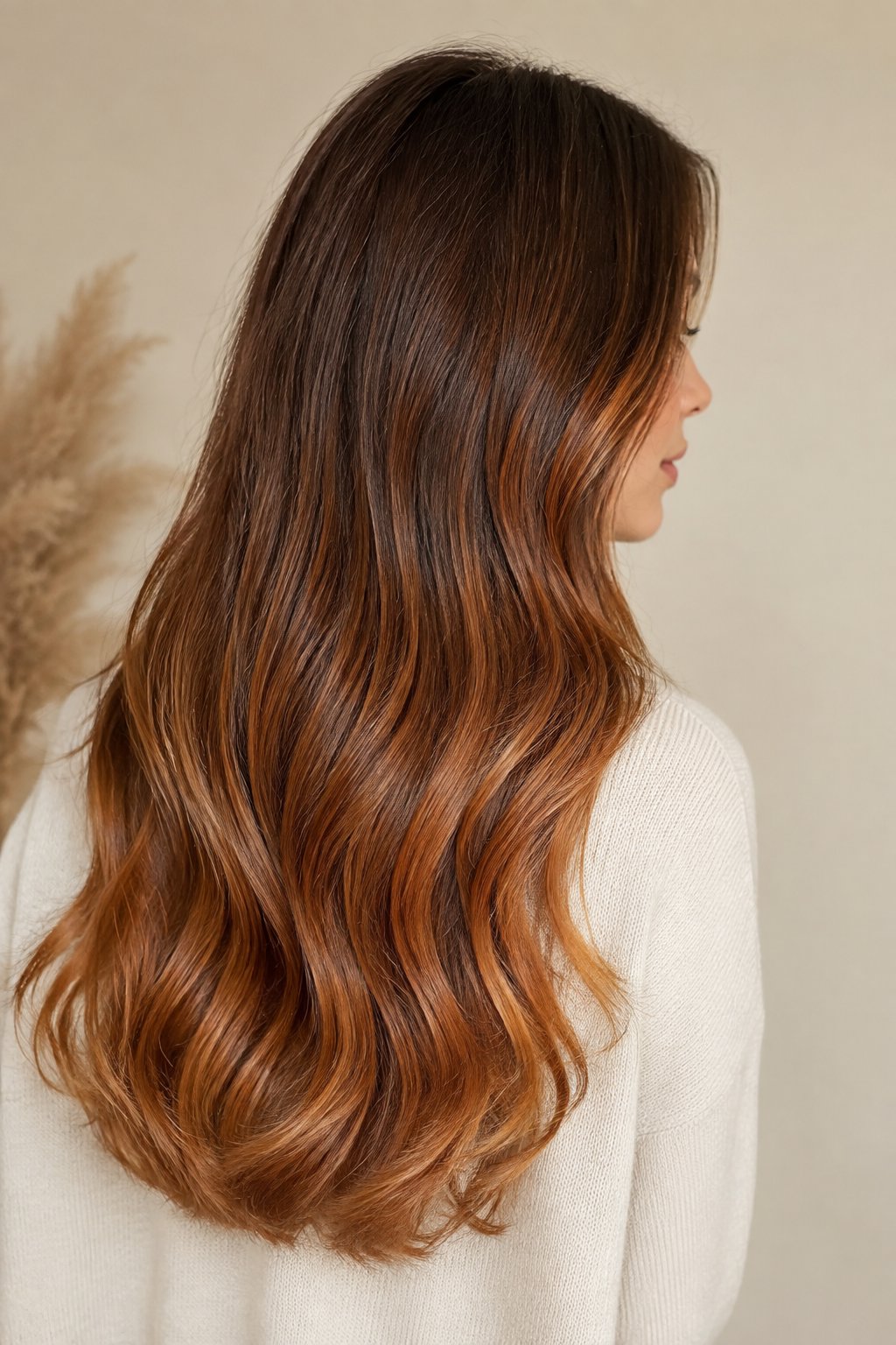 Cinnamon brown ombre hair fading from dark brunette roots to warm cinnamon ends.