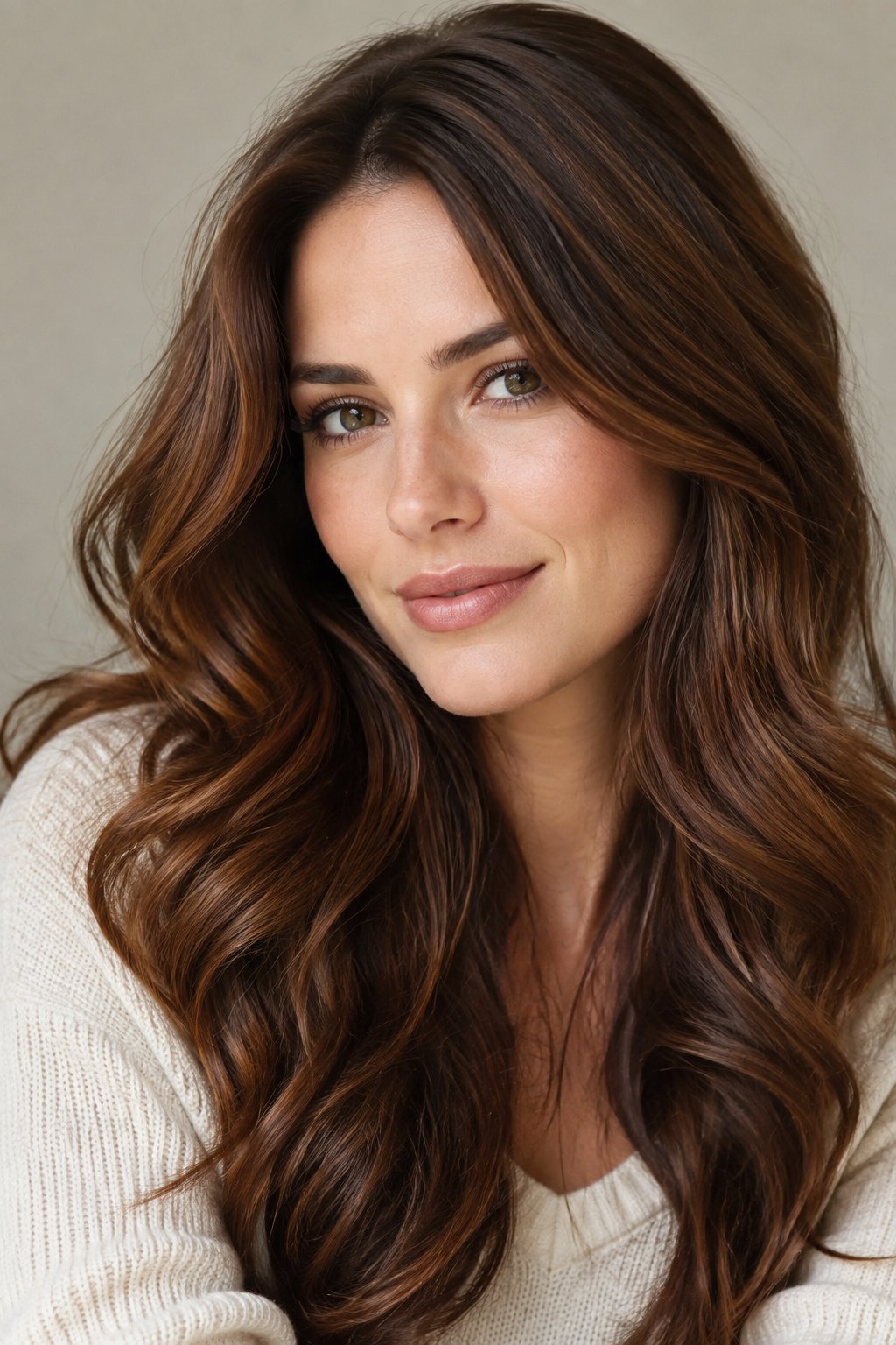 Cinnamon chestnut brown hair with warm red and golden dimension.