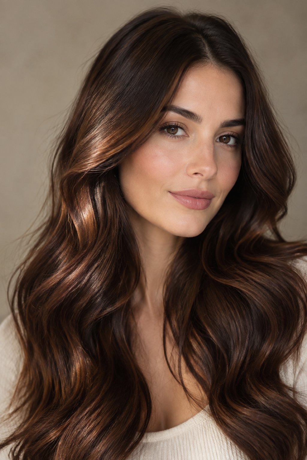 Cinnamon chocolate brown hair with glossy deep brunette and subtle red-brown warmth.