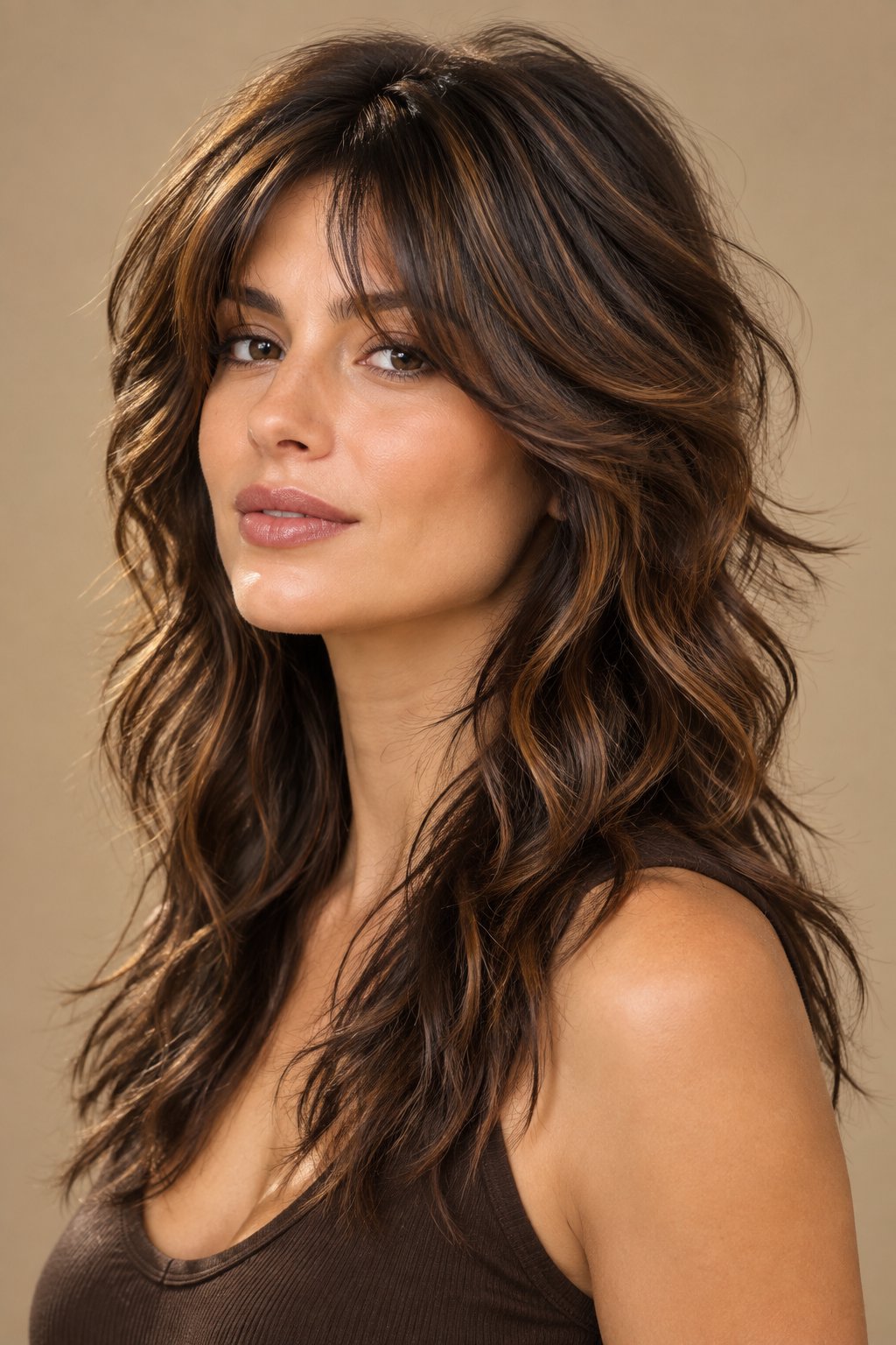 Cinnamon highlights bring warmth and richness to a deep brown wolf cut.