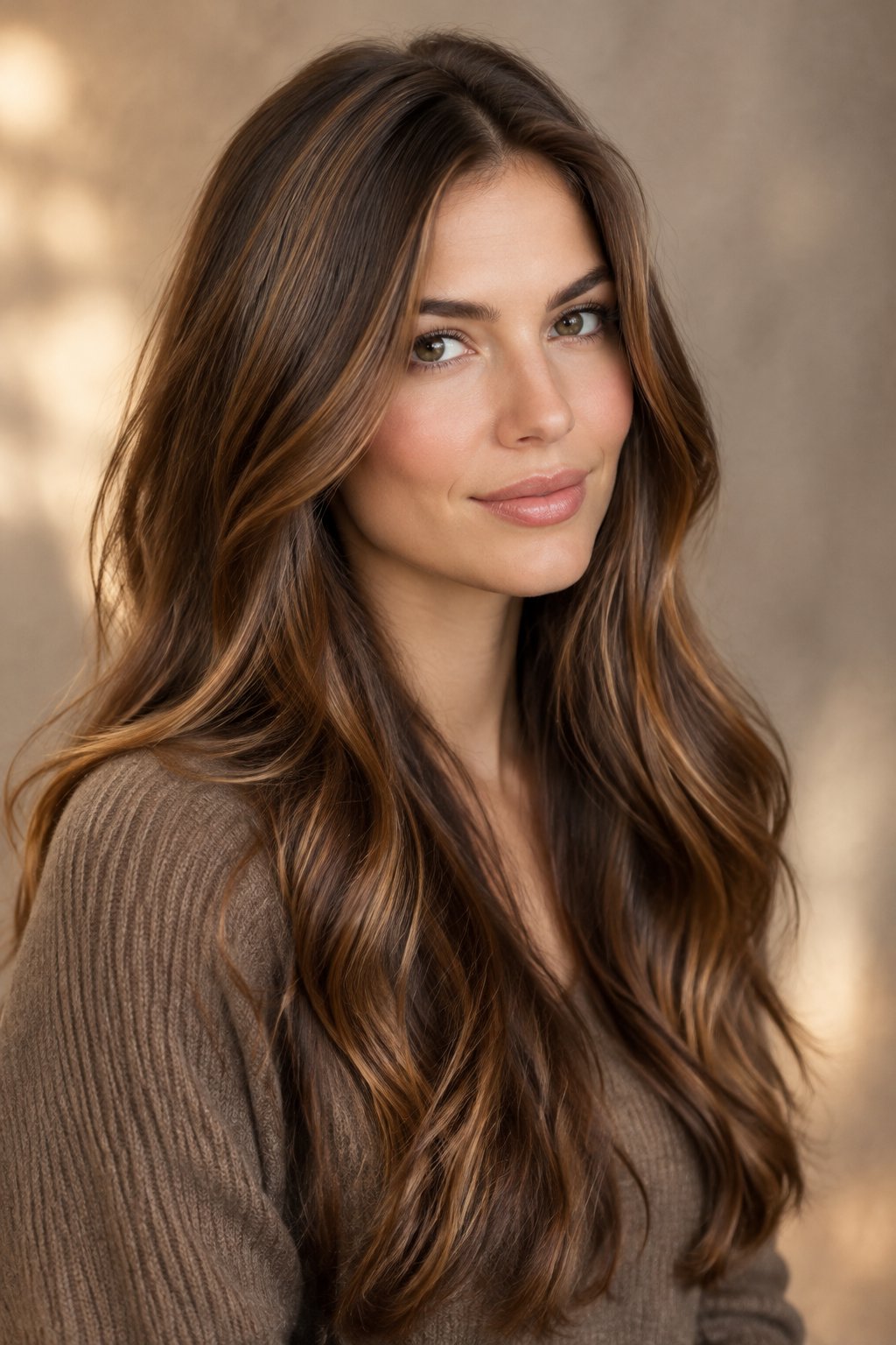 Cinnamon mocha brown hair with soft neutral-warm brunette tones.