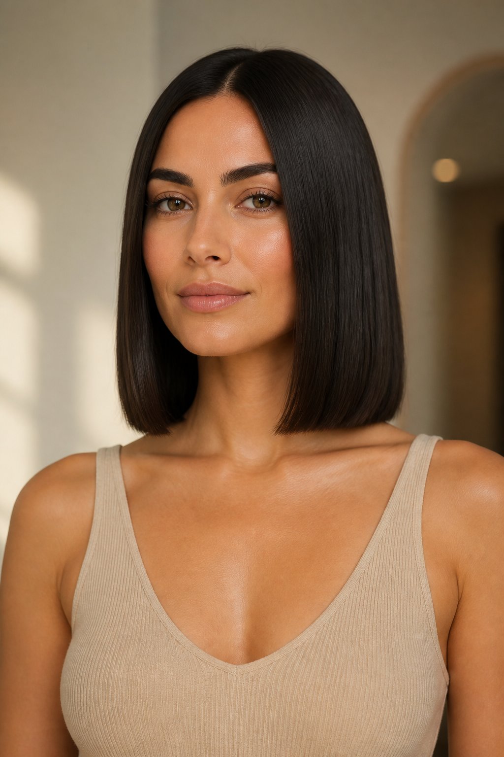 Classic blunt collarbone lob with a polished one-length cut ending at the collarbone.
