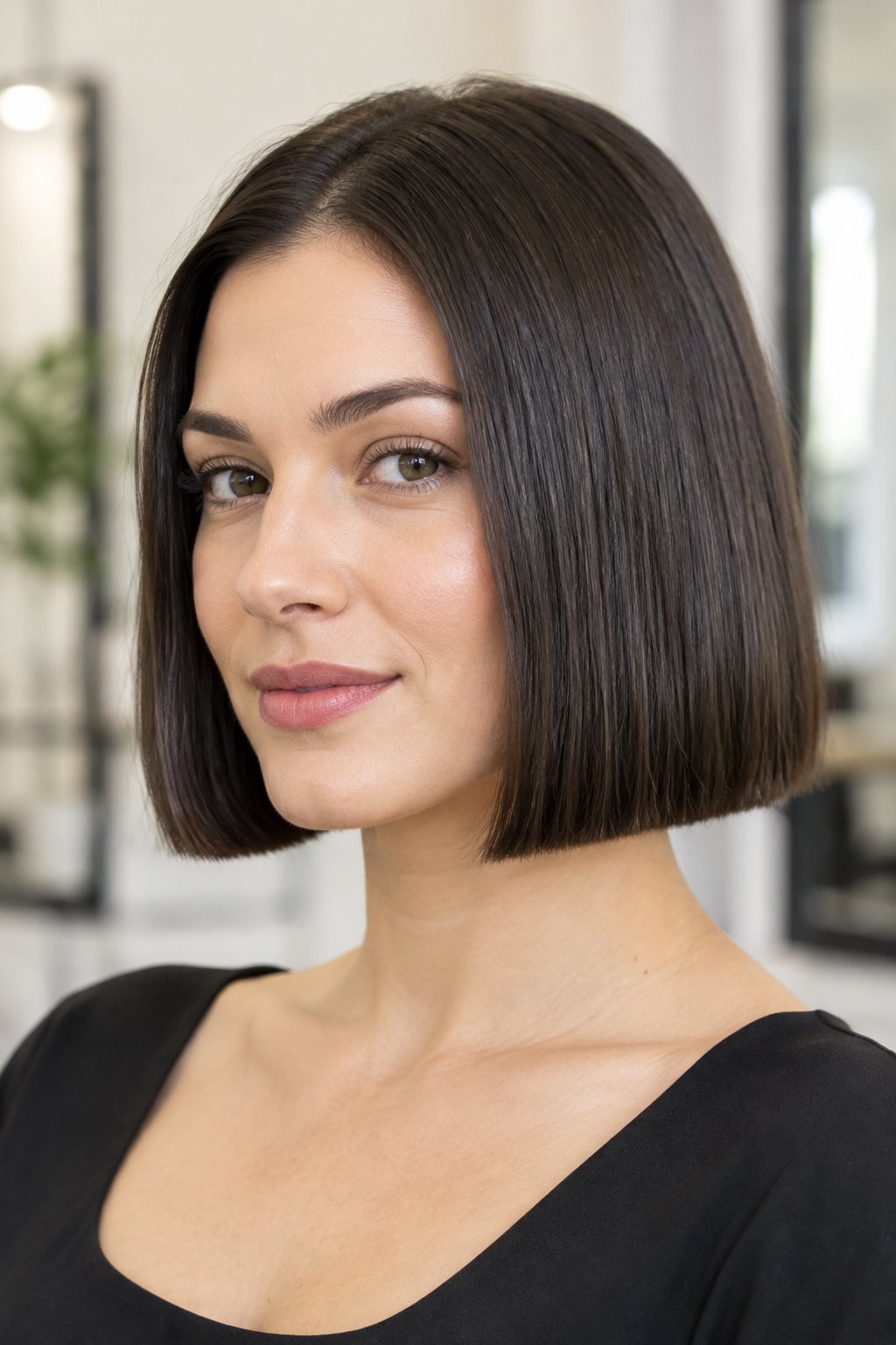 Classic chin-length blunt bob with straight, solid ends that make fine hair look fuller.