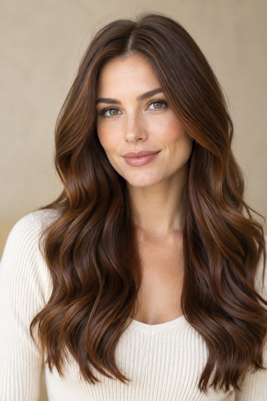 Classic cinnamon brown hair on long wavy brunette hair with warm red-gold tones.