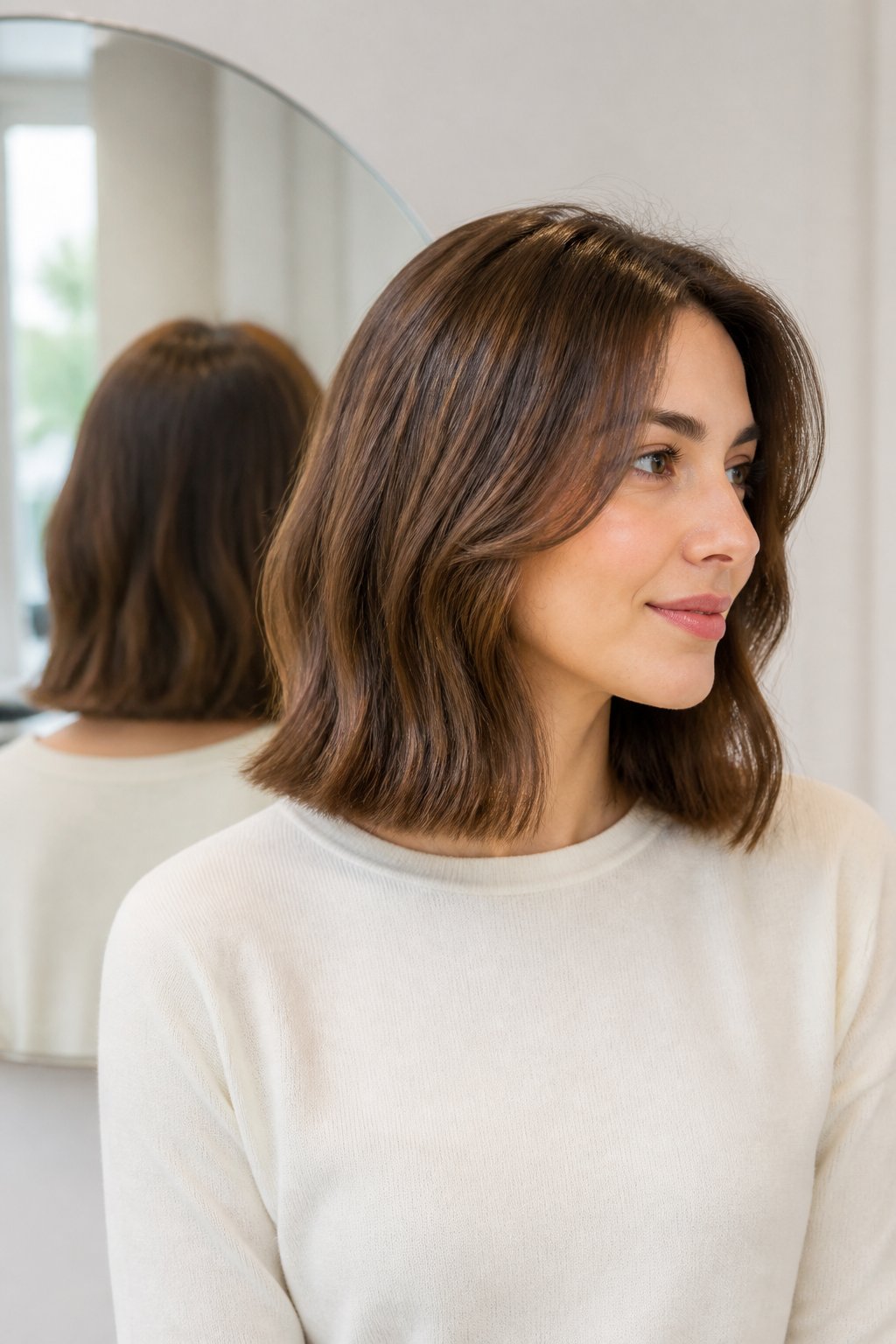 Collarbone lob for fine hair with a blunt shape that creates the appearance of fullness.