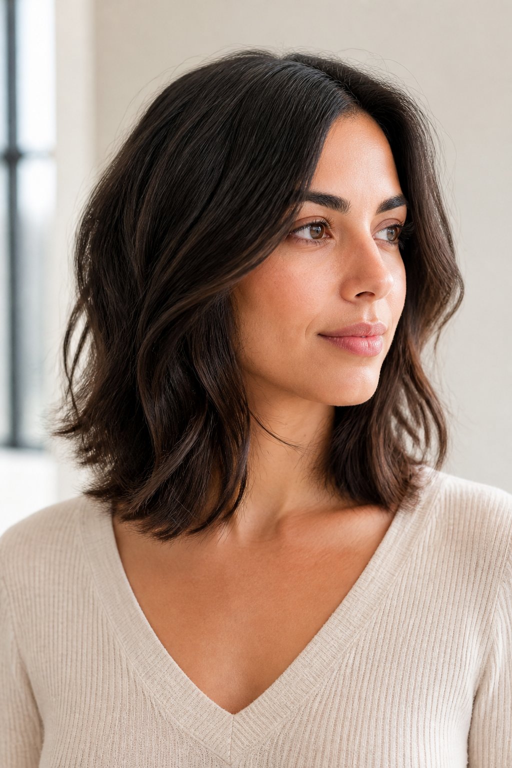 Collarbone lob for thick hair with internal layers that remove bulk and add movement.