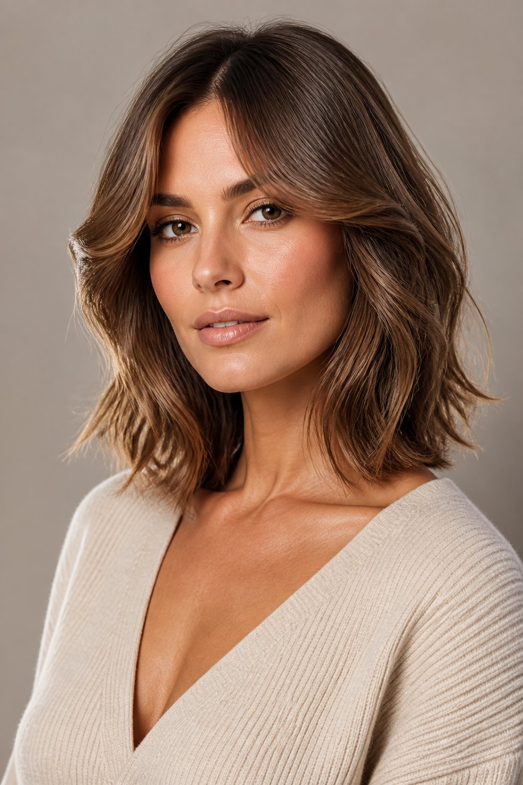 Collarbone lob with curtain bangs parted in the center and swept toward the temples.