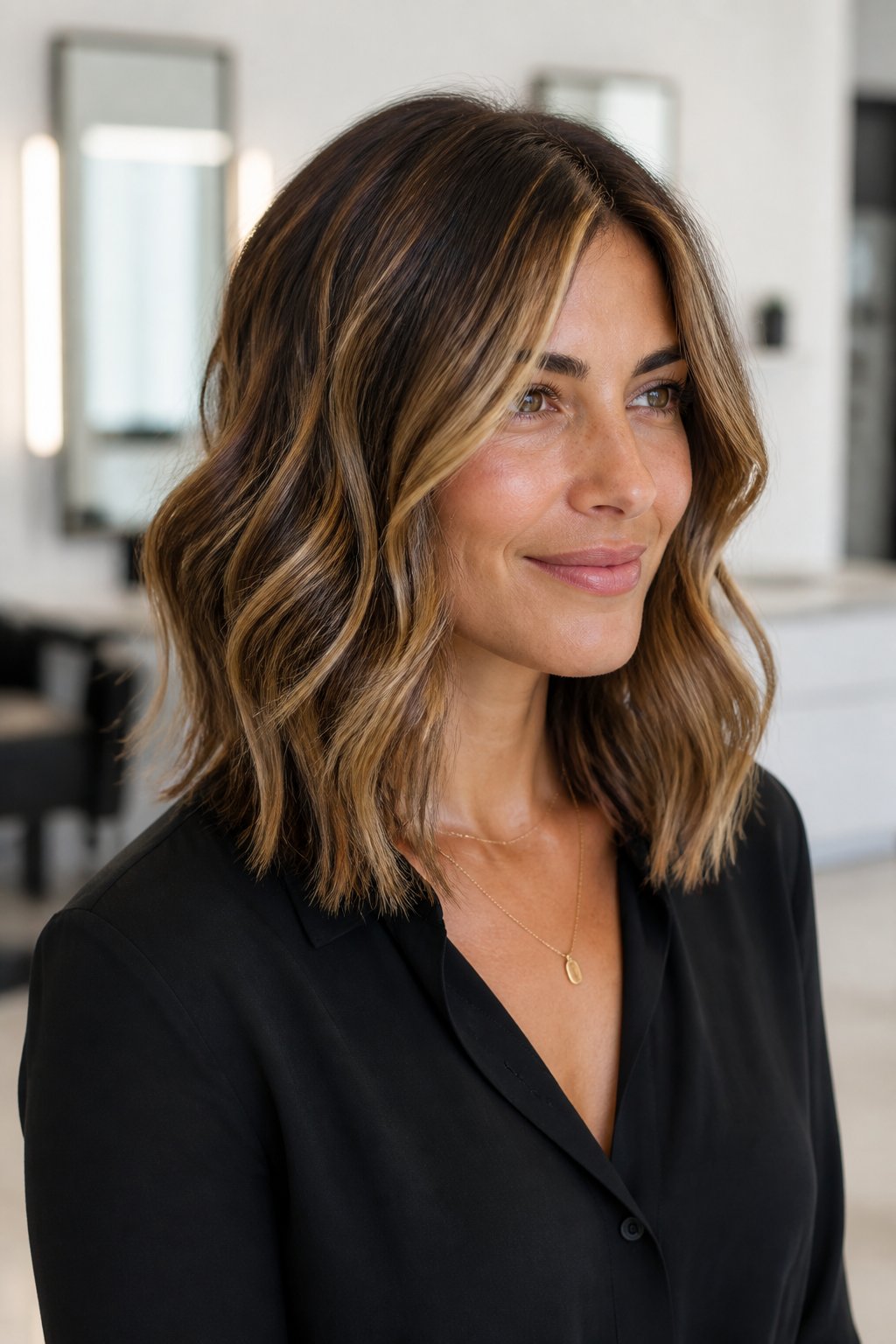 Collarbone lob with evenly distributed foil highlights adding brightness and dimension.