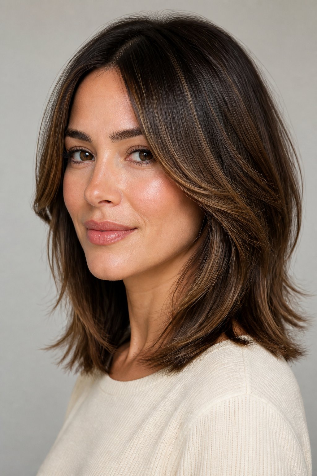 Collarbone lob with face-framing layers highlighting the cheekbones and jawline.