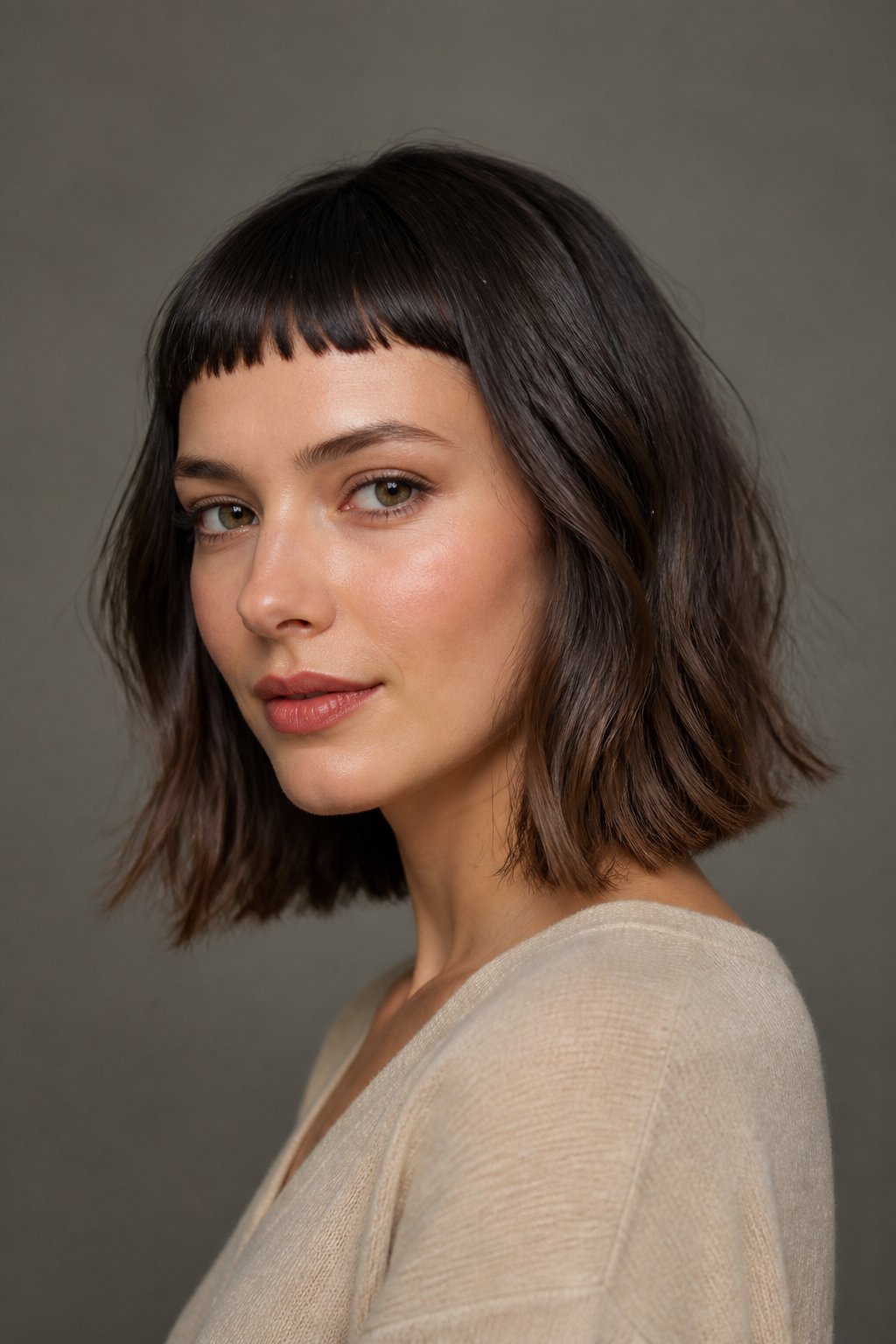 Collarbone lob with short micro bangs creating a bold modern contrast.
