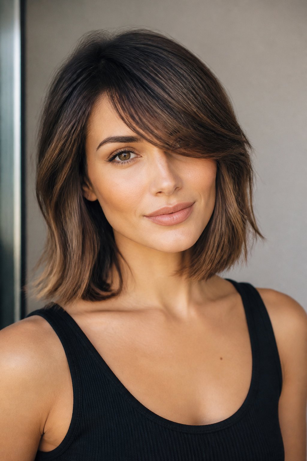 Collarbone lob with soft side-swept bangs blending into the longer hair.