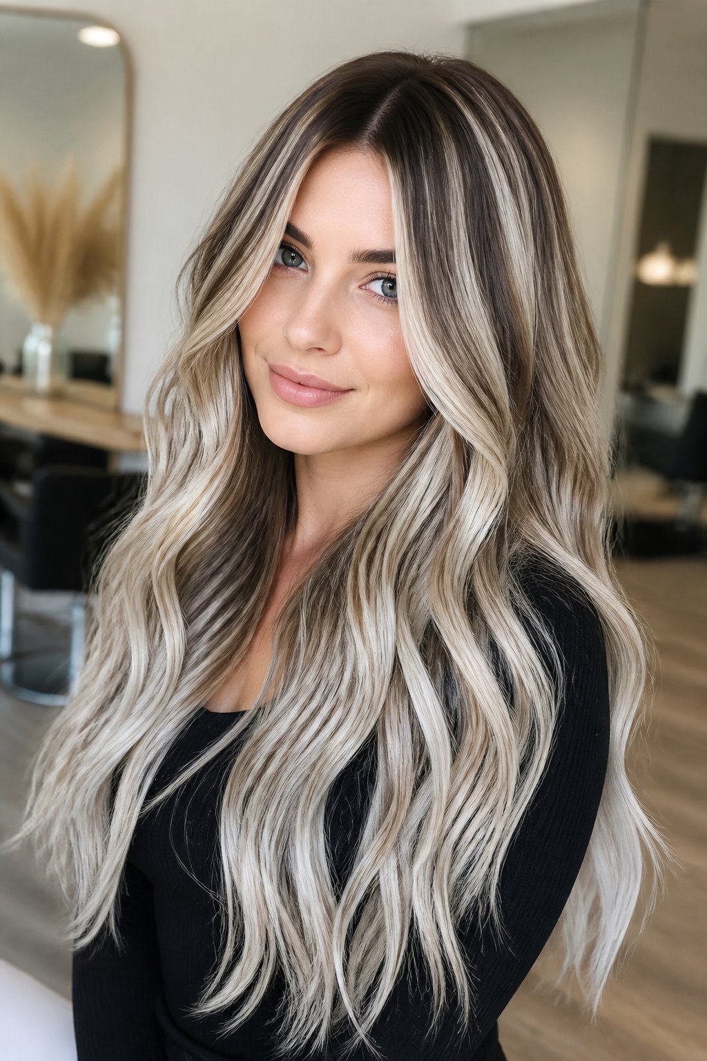 Cookies and cream blonde hair with deep brunette roots and bold icy cream-toned ribbon highlights.
