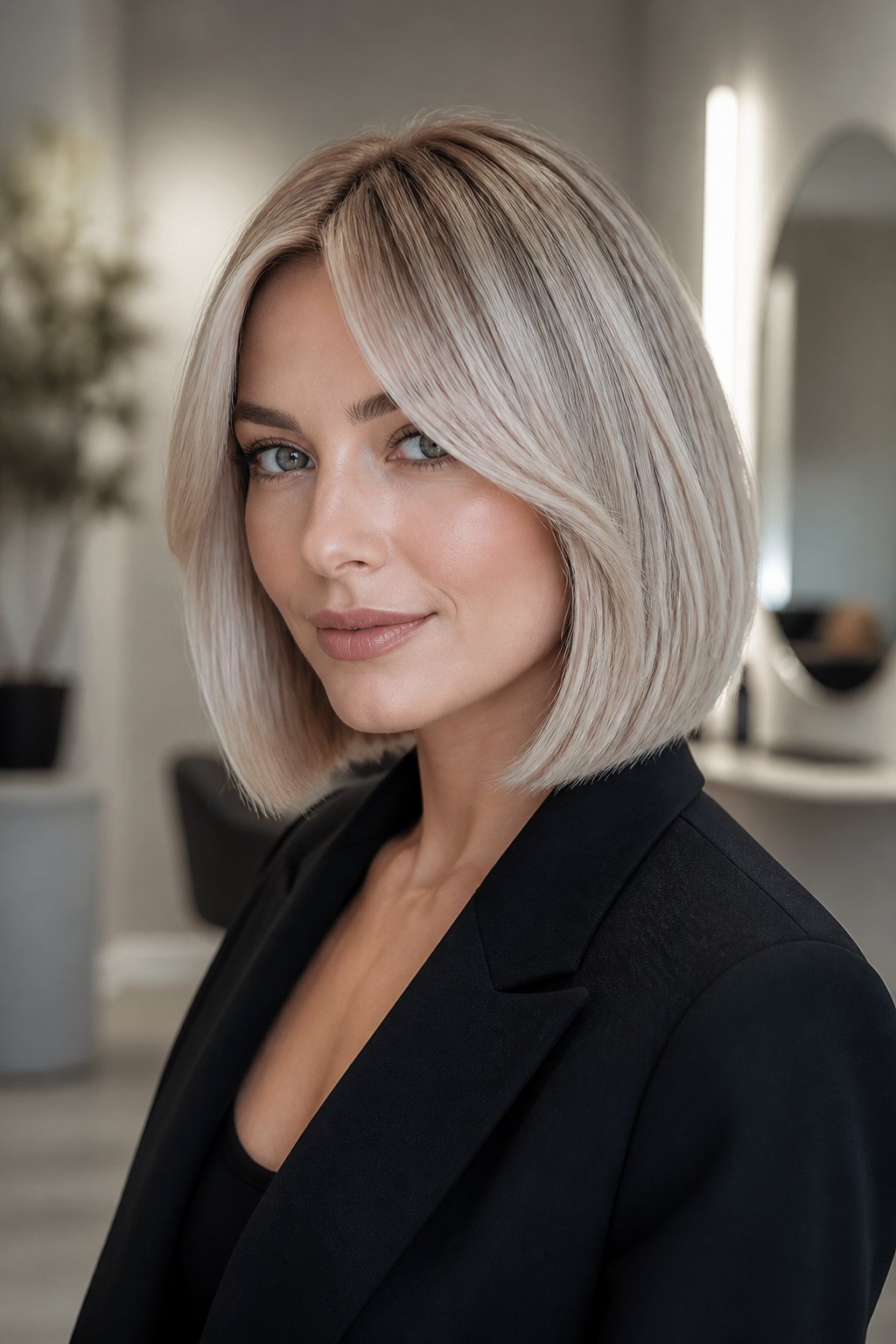 Cool ash blonde shoulder-length bob with soft center-parted curtain bangs.
