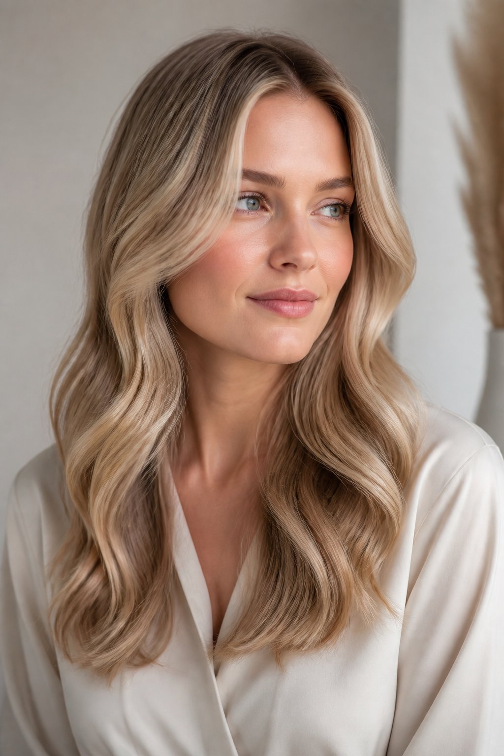 Cool beige blonde hair balancing ash and gold tones for a soft neutral blonde finish.