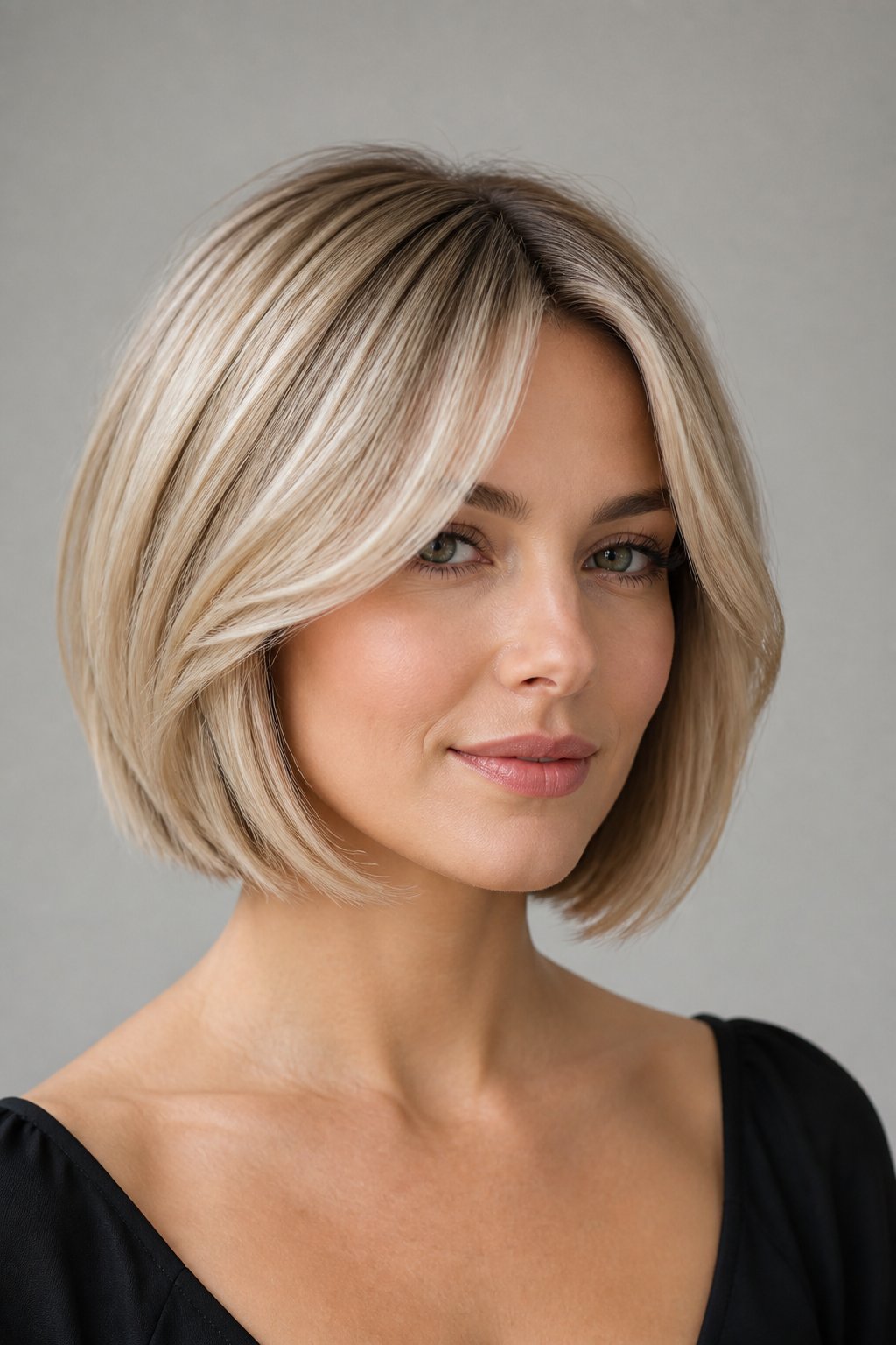 Cool-toned blonde bob with smooth styling and soft curtain bangs.