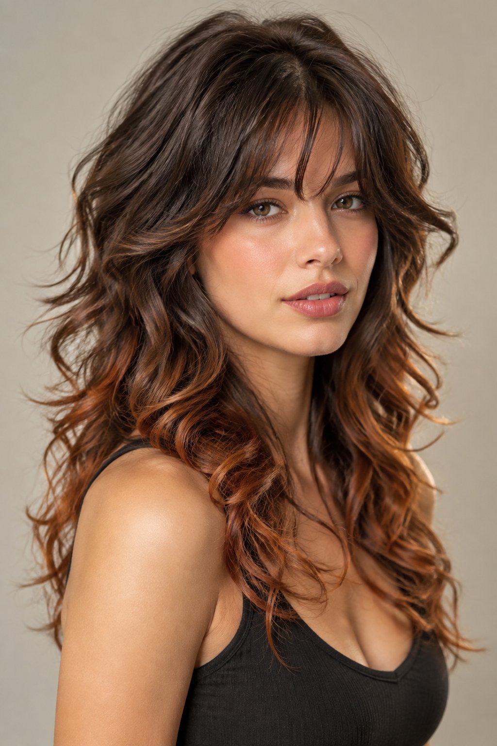 Copper-tipped layers give dark brown hair a warm, glowing finish without requiring an all-over color transformation.