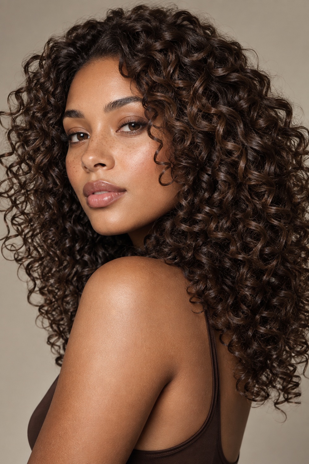Curly hair in rich espresso brown with natural light-catching dimension.