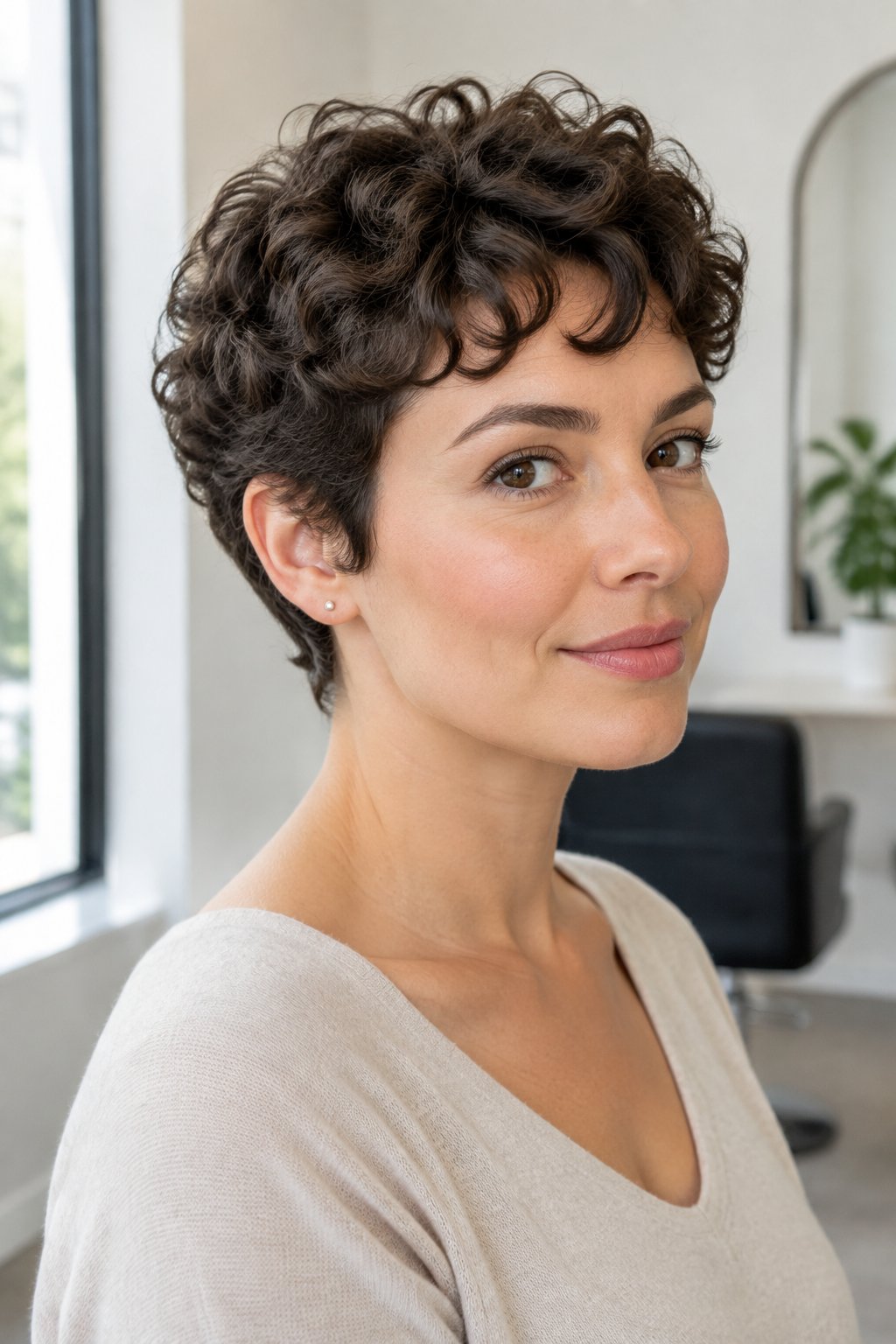 Curly pixie haircut with shaped curls and controlled volume through the crown.