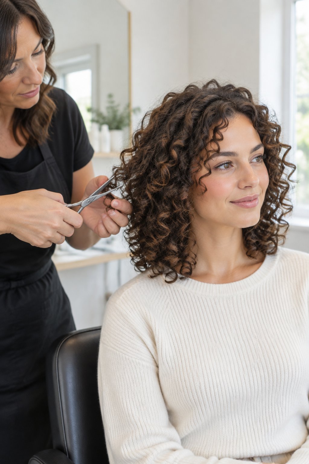 Curly shoulder-length haircut with rounded shaping as a stylist trims the curl pattern.