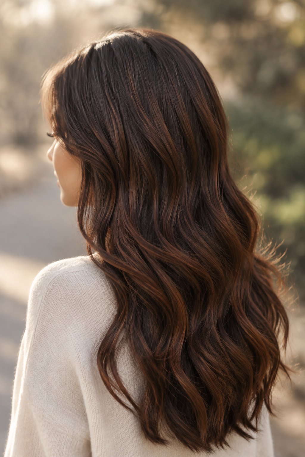 Dark brunette hair with subtle cinnamon brown and auburn undertones.
