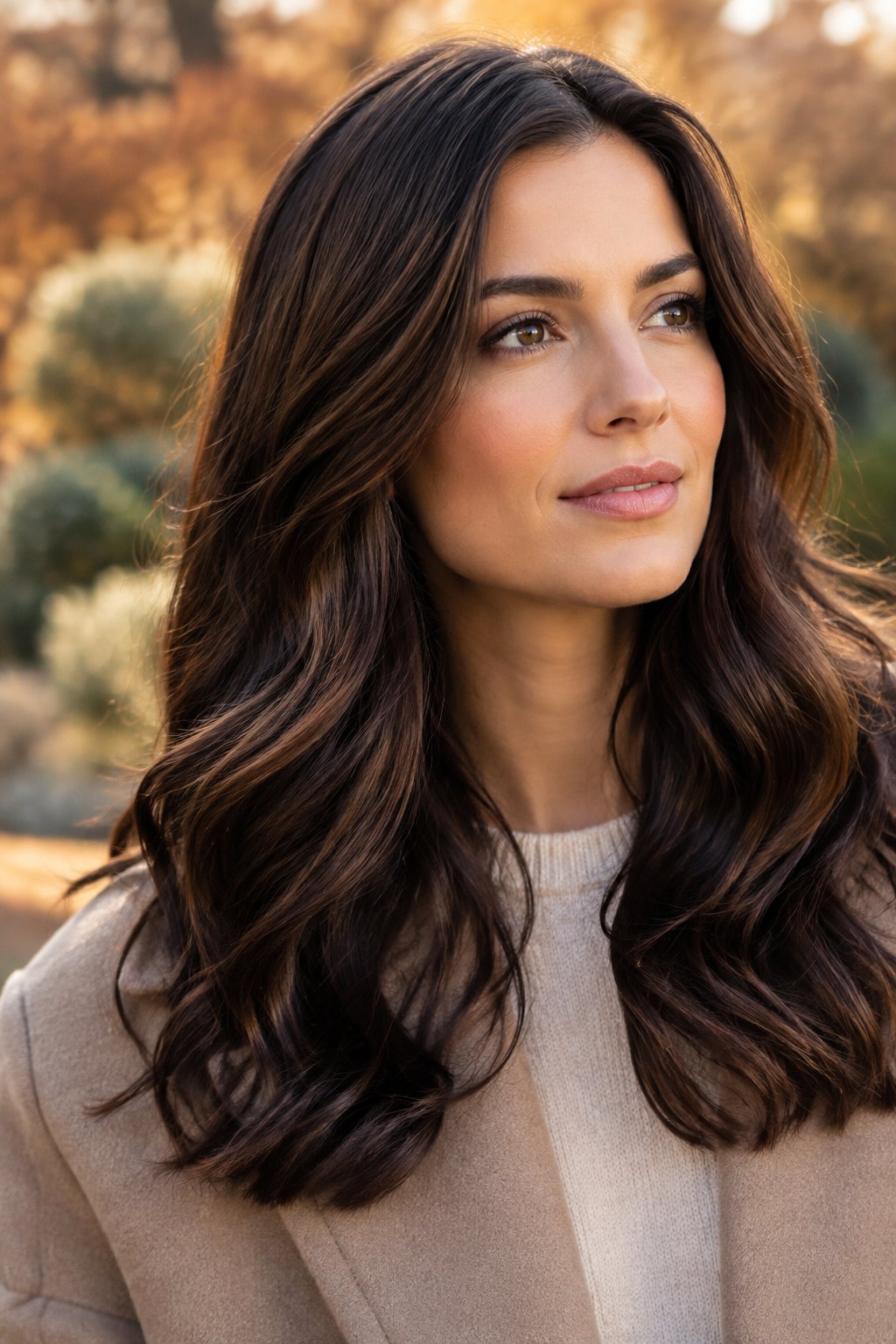 Dark chestnut brown long hair with an espresso base and subtle warm undertones.