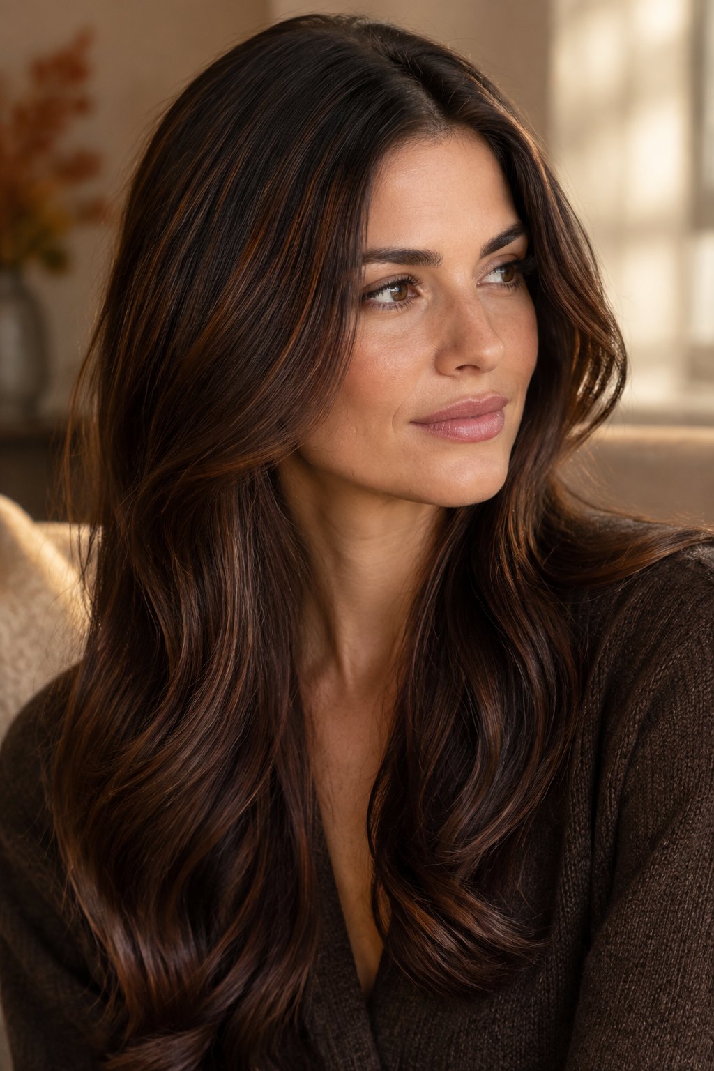 Dark cinnamon brown hair with subtle auburn warmth on long waves.
