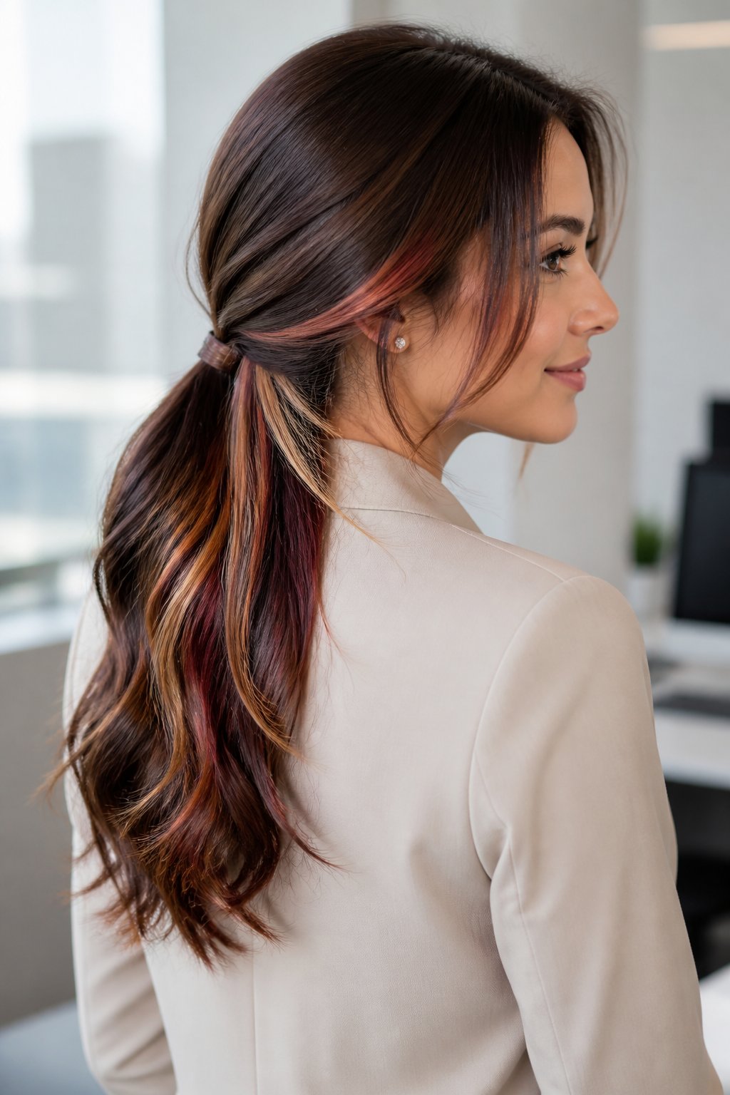 Dark hair tied back to reveal hidden burgundy, copper, and cream peekaboo color underneath.