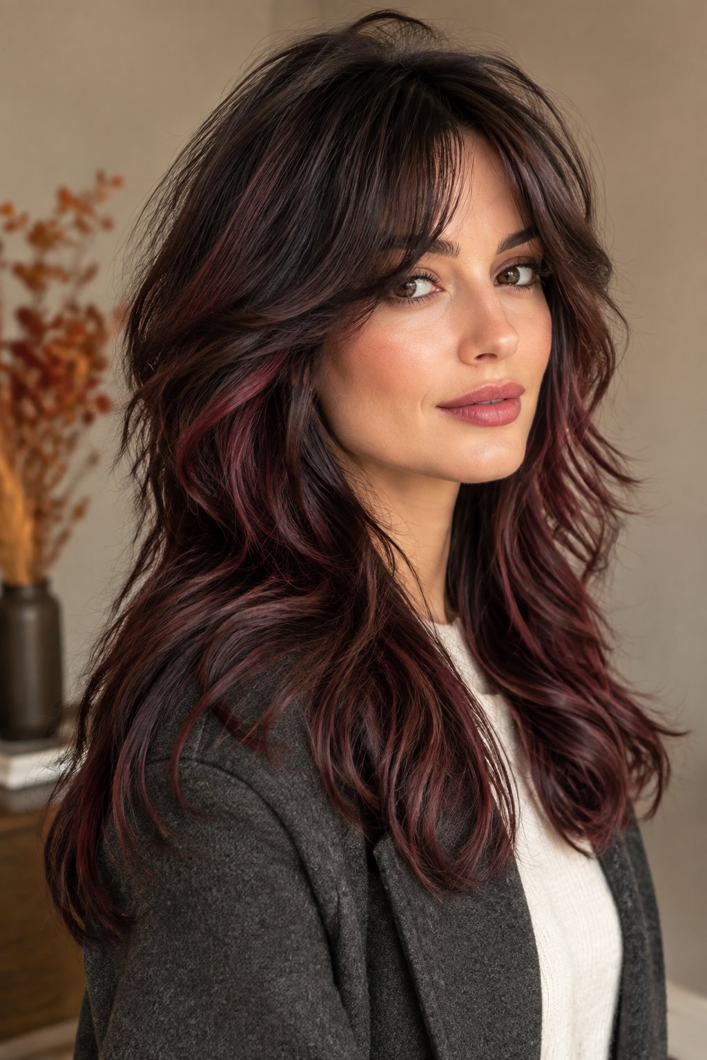 Deep burgundy balayage brings rich, wine-inspired color to an espresso brown wolf cut.